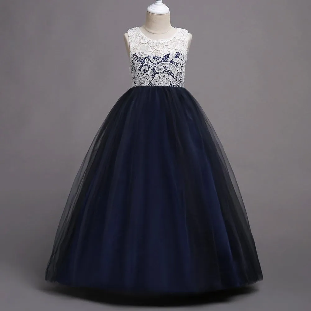 Flower Girls Vintage Lace Maxi Bridesmaid Dress Princess Birthday Wedding Party Tulle Pegeant Evening Formal Prom Dance Gown