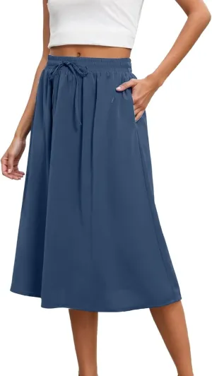 Flowy Skirts for Women Midi Length Tie Knot Boho Casual Beach High Waisted Pleated Swing Long Skirt with Pockets