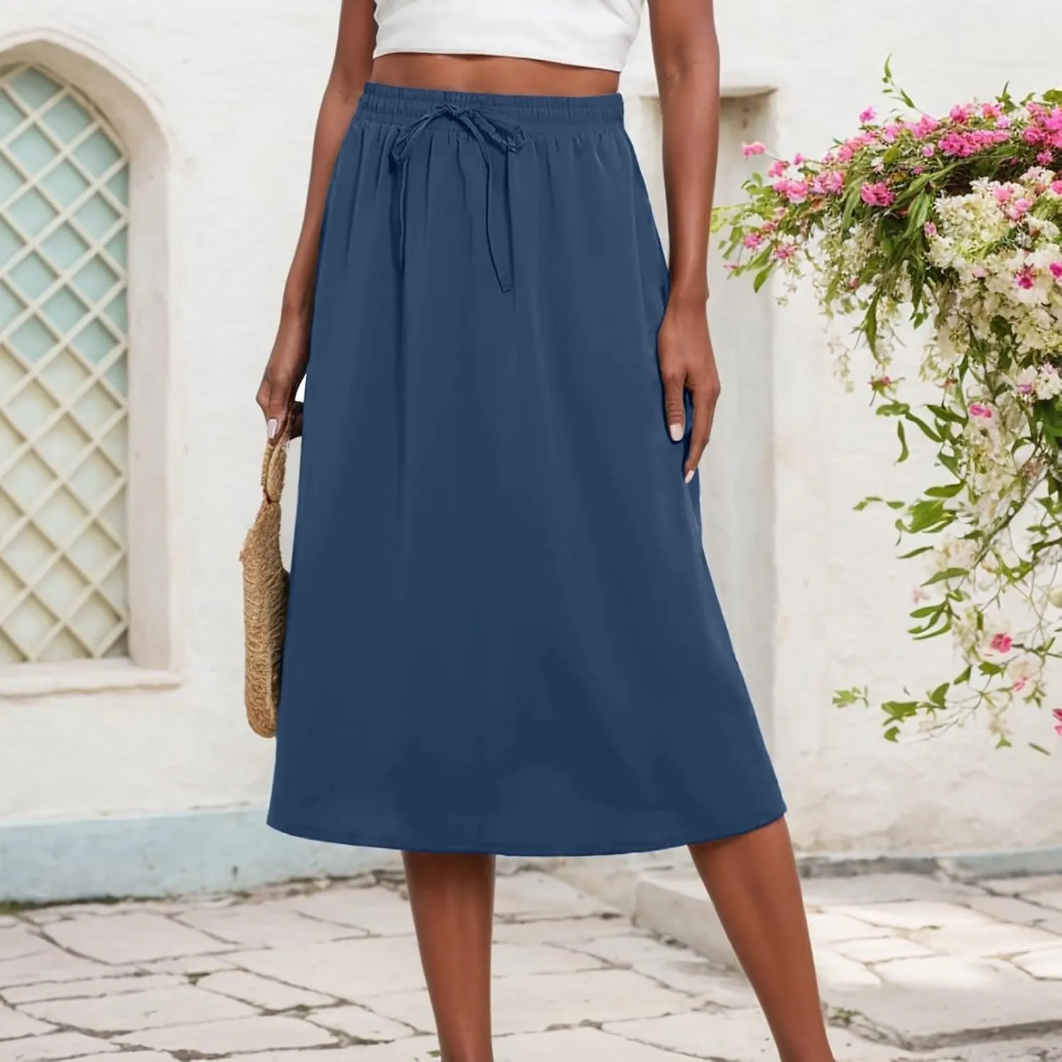 Flowy Skirts for Women Midi Length Tie Knot Boho Casual Beach High Waisted Pleated Swing Long Skirt with Pockets