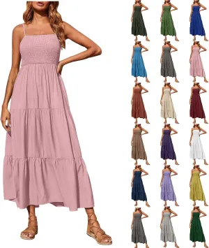 FZYLQY Womens Bohemian Dresses Spaghetti Strap Smocked Tiered Long Beach Sundresses Summer Sleeveless Solid Flowy Maxi Dress