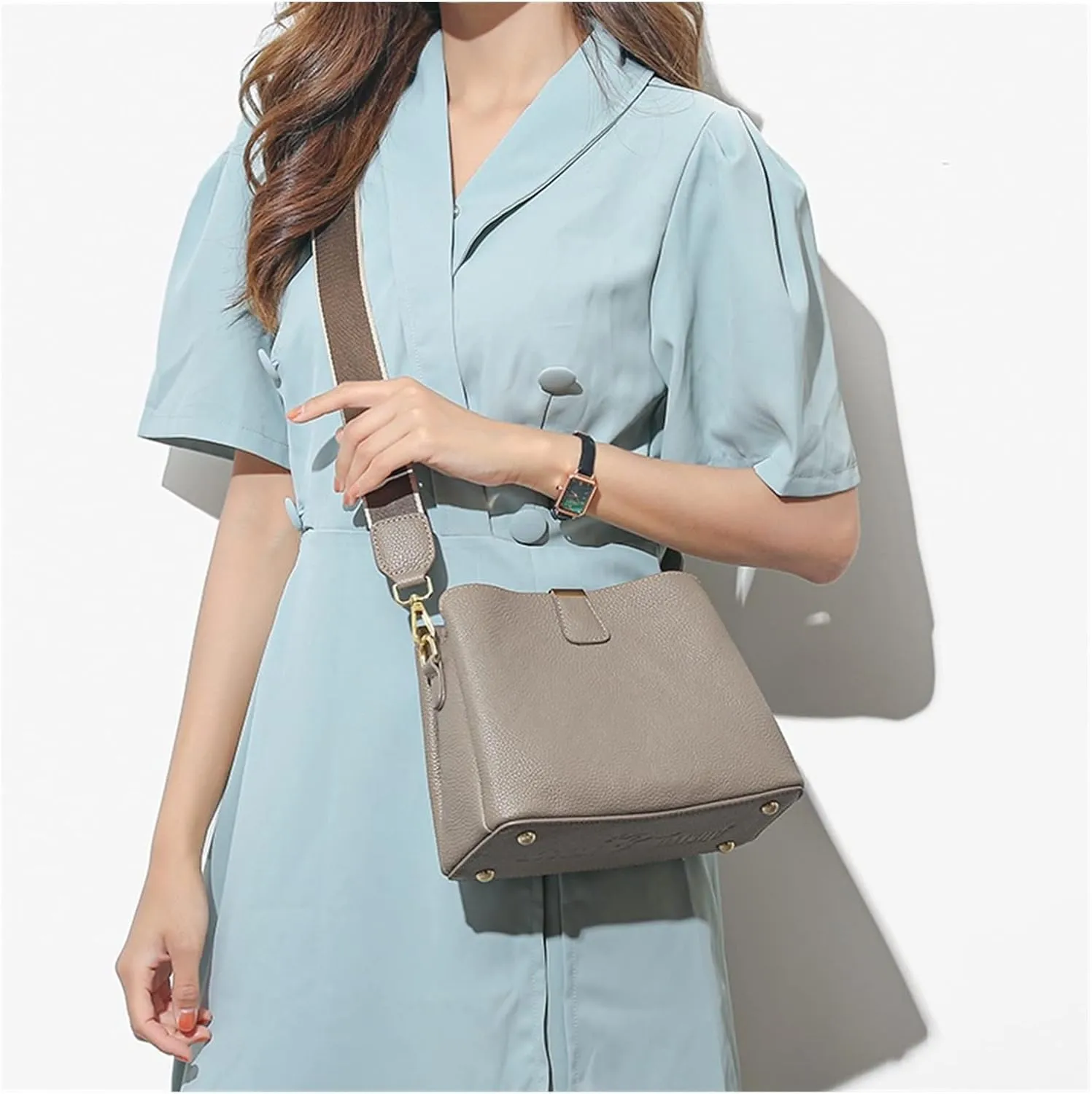 Genuine Leather Women Bucket Shoulder Bag Female Handbag Wide Strap Ladies Crossbody Bags Cowhide Totes Bag For Women(G)
