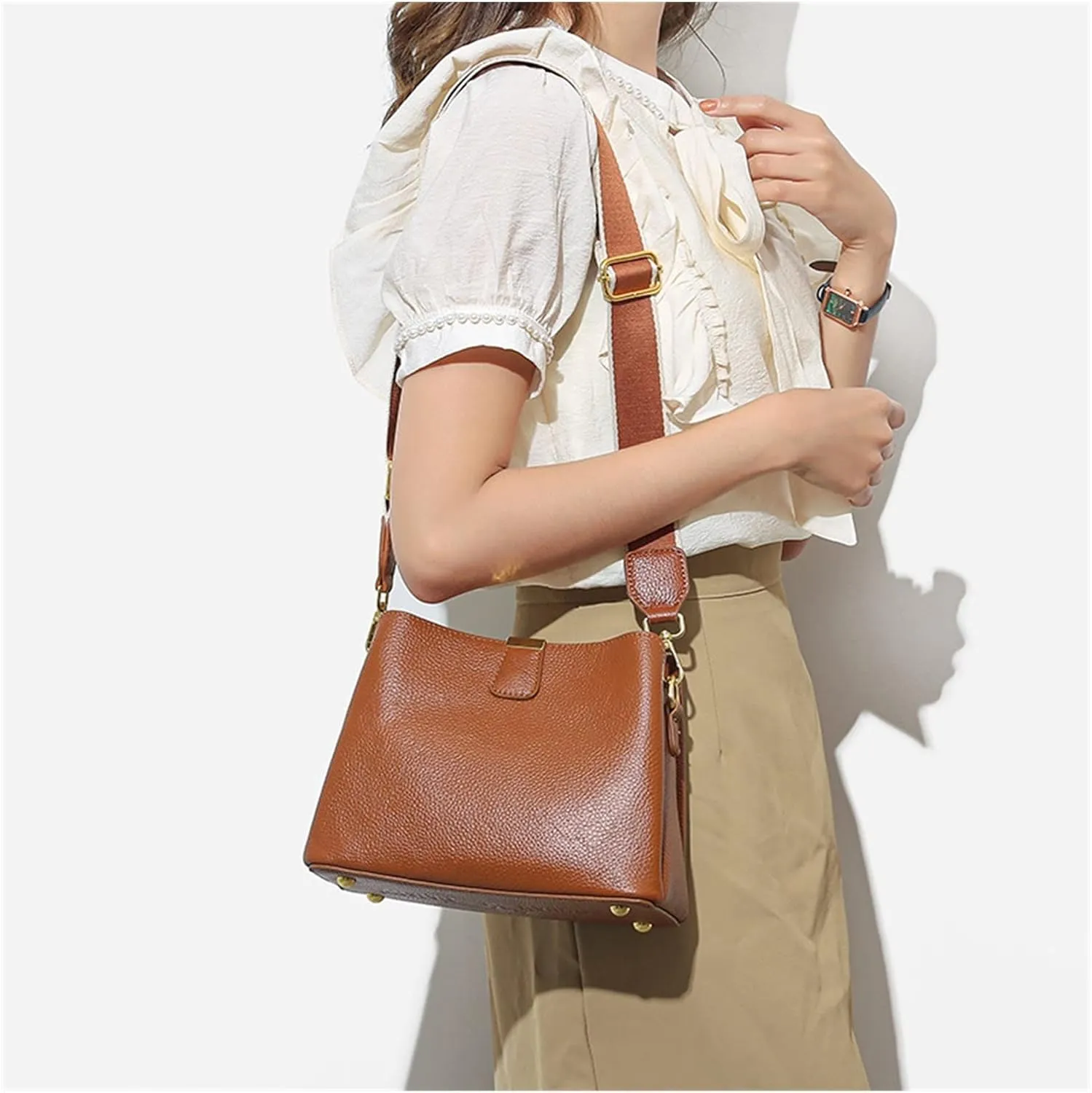Genuine Leather Women Bucket Shoulder Bag Female Handbag Wide Strap Ladies Crossbody Bags Cowhide Totes Bag For Women(G)