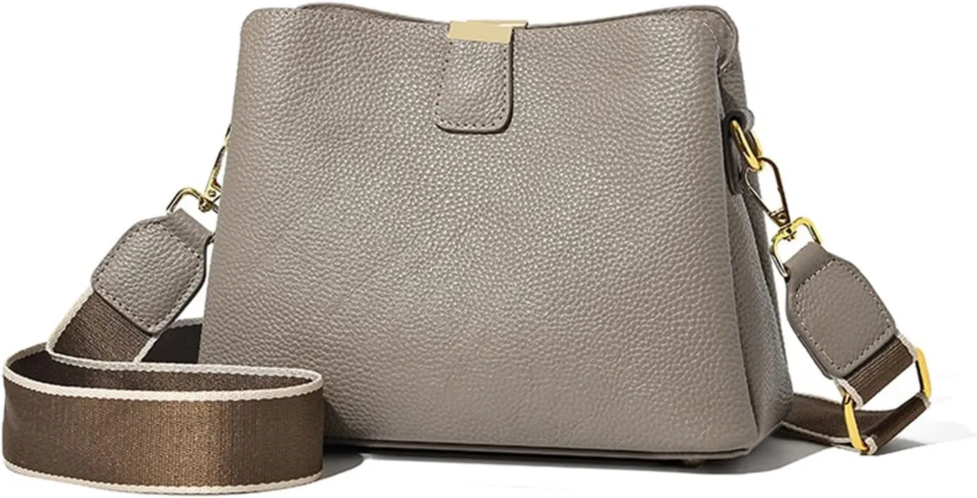 Genuine Leather Women Bucket Shoulder Bag Female Handbag Wide Strap Ladies Crossbody Bags Cowhide Totes Bag For Women(G)