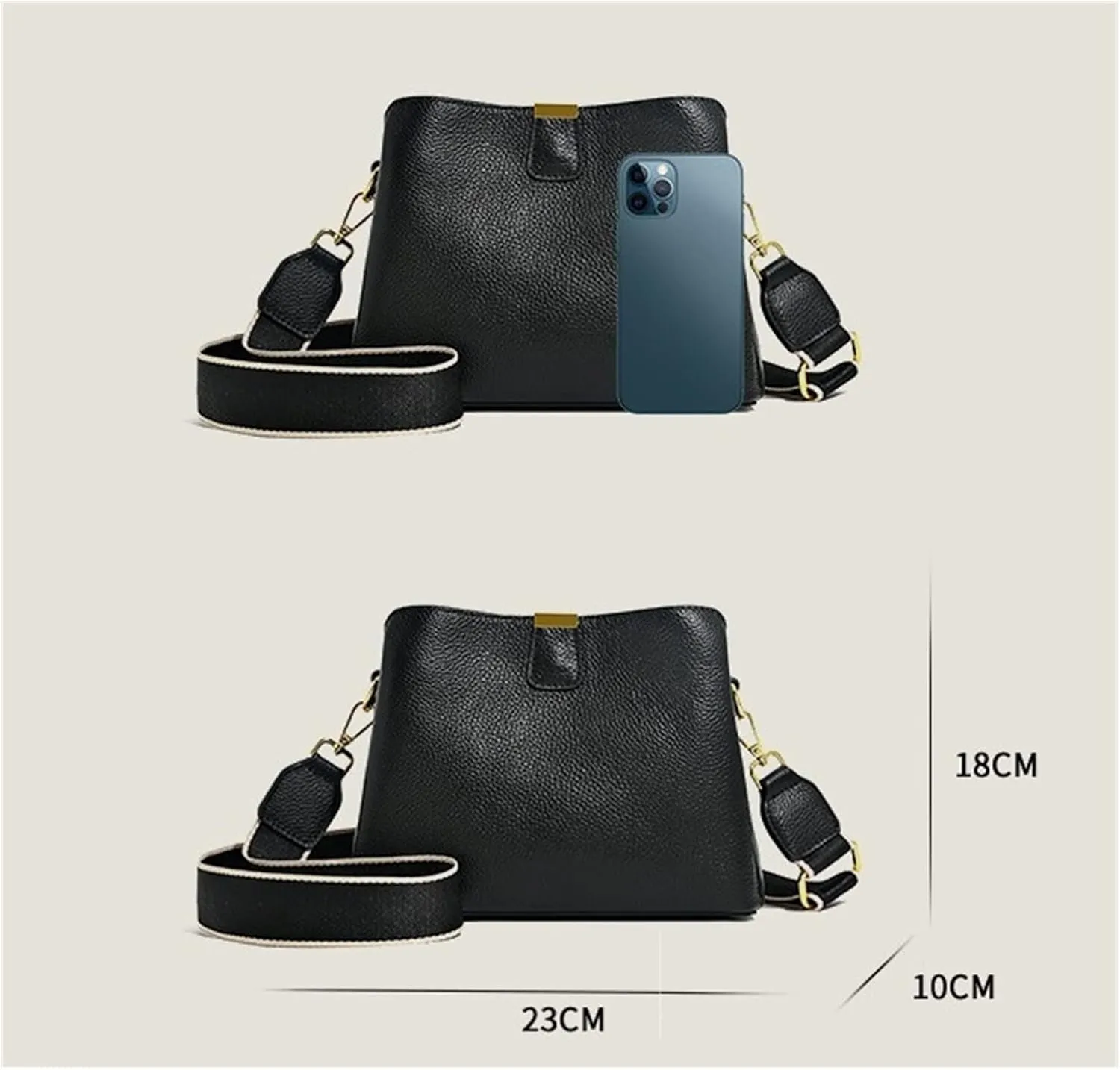 Genuine Leather Women Bucket Shoulder Bag Female Handbag Wide Strap Ladies Crossbody Bags Cowhide Totes Bag For Women(G)