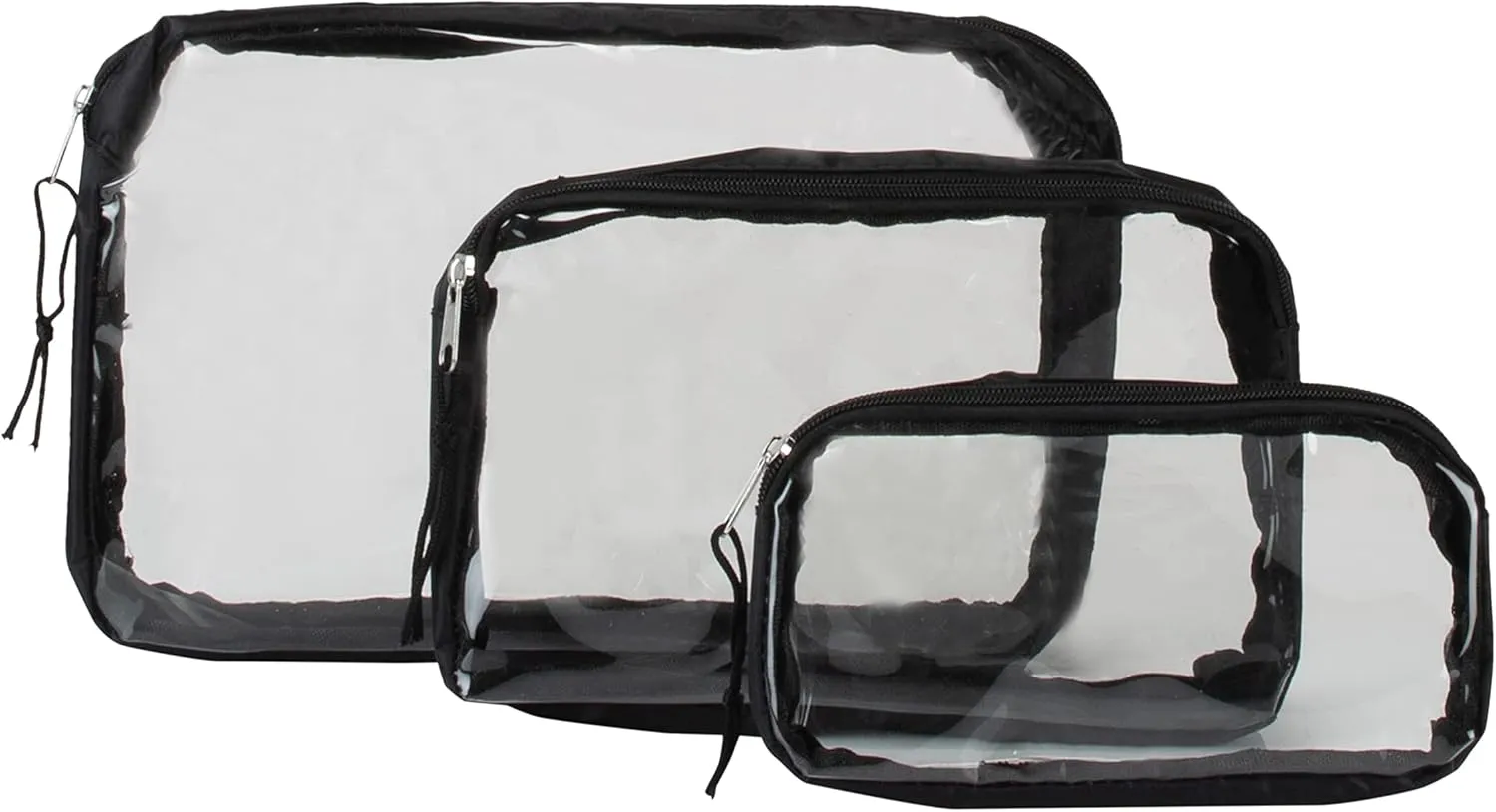 GForce 3 Piece Clear Travel Set, for Toiletries, Accessories, Cosmetic Organizer in Black, Small, Medium, Large