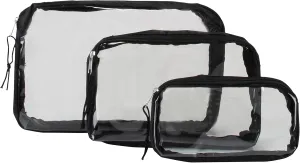 GForce 3 Piece Clear Travel Set, for Toiletries, Accessories, Cosmetic Organizer in Black, Small, Medium, Large