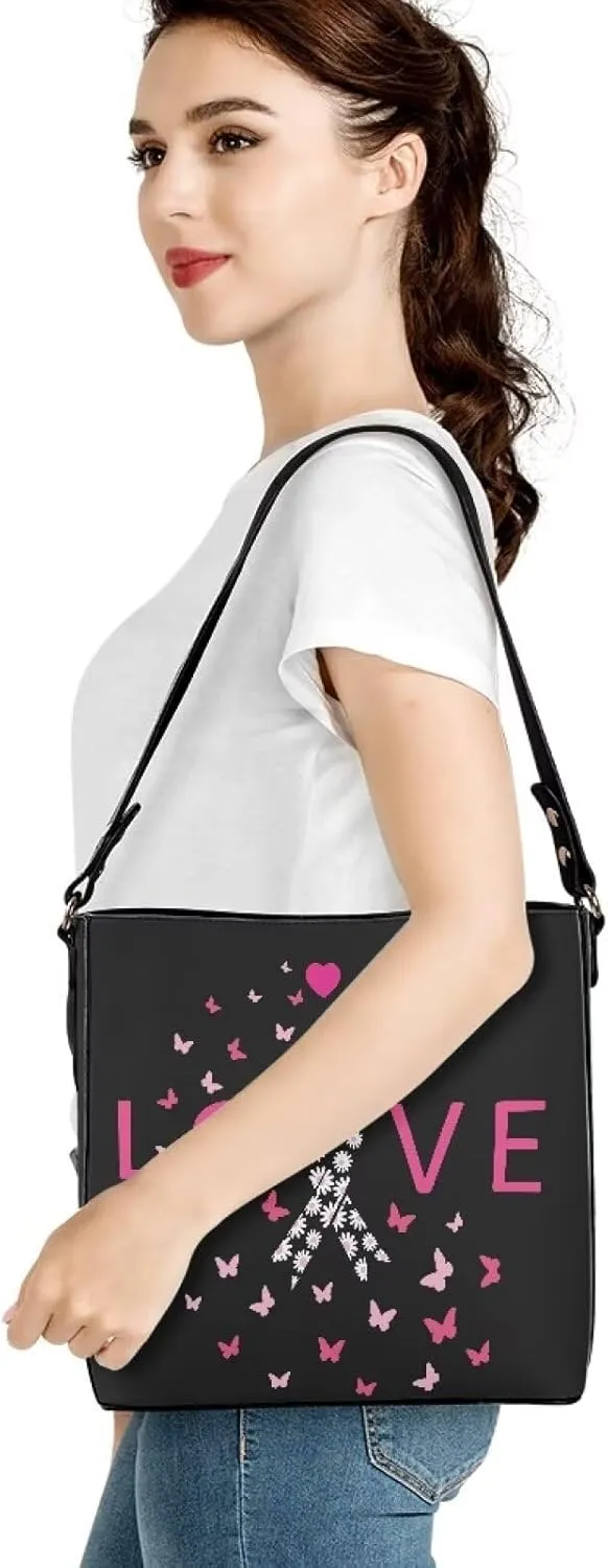 GIFTPUZZ Bucket Bags for Women Breast Cancer Awareness Accessories Pink Riboons Tote Bag with PU Leather