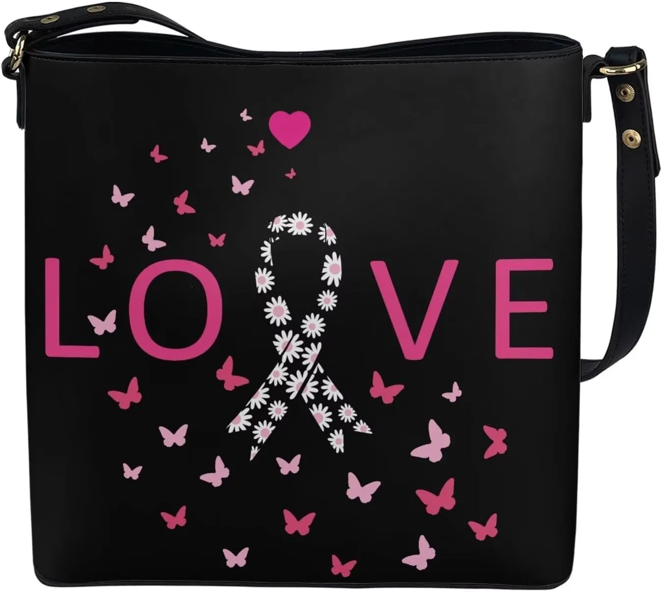 GIFTPUZZ Bucket Bags for Women Breast Cancer Awareness Accessories Pink Riboons Tote Bag with PU Leather