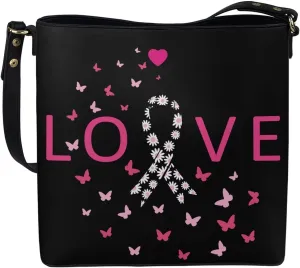 GIFTPUZZ Bucket Bags for Women Breast Cancer Awareness Accessories Pink Riboons Tote Bag with PU Leather