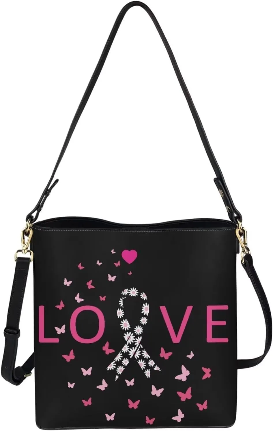 GIFTPUZZ Bucket Bags for Women Breast Cancer Awareness Accessories Pink Riboons Tote Bag with PU Leather