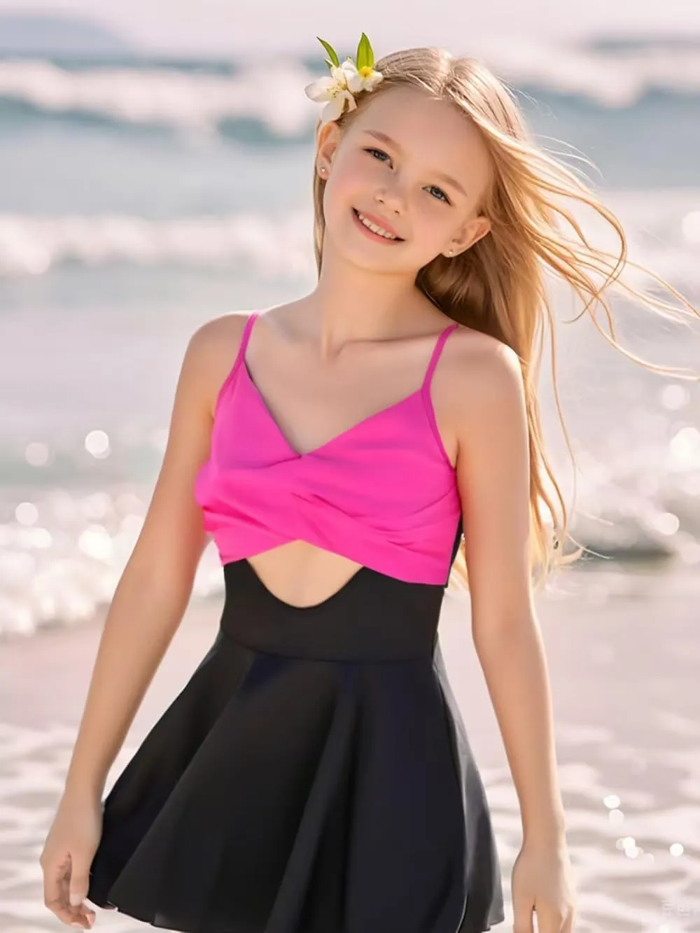 Girl Swimsuit One Piece Skirt Girls Black Swimsuit V Neck Adjustable Straps Tummy Control Girls' Swimwear 6-14 Yizuoding001