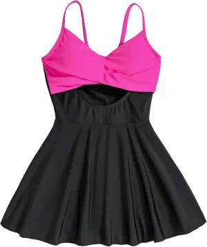Girl Swimsuit One Piece Skirt Girls Black Swimsuit V Neck Adjustable Straps Tummy Control Girls' Swimwear 6-14 Yizuoding001