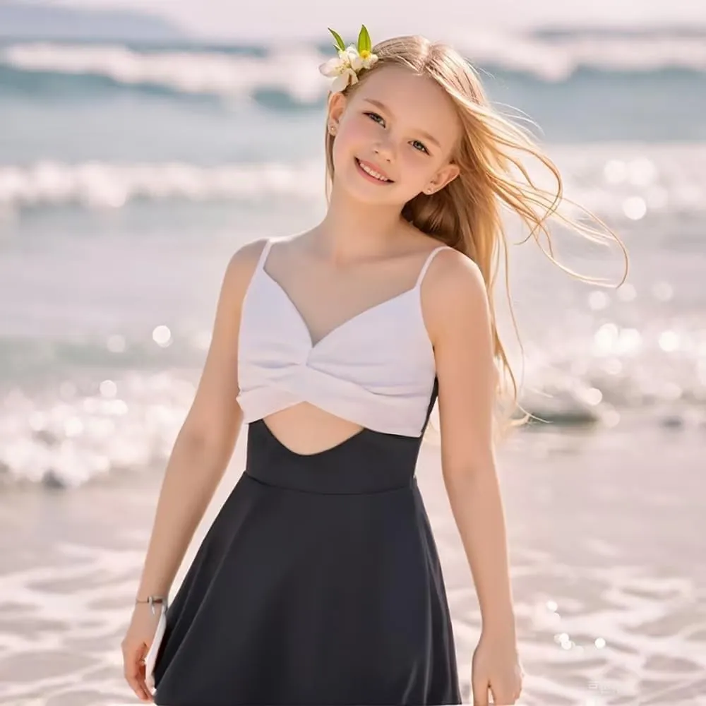 Girl Swimsuit One Piece Skirt Girls Black Swimsuit V Neck Adjustable Straps Tummy Control Girls' Swimwear 6-14 Yizuoding001