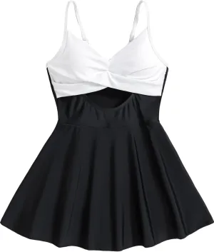 Girl Swimsuit One Piece Skirt Girls Black Swimsuit V Neck Adjustable Straps Tummy Control Girls' Swimwear 6-14 Yizuoding001