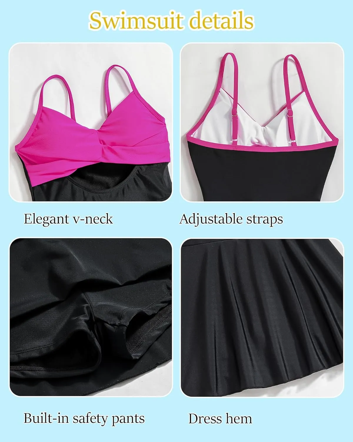 Girl Swimsuit One Piece Skirt Girls Black Swimsuit V Neck Adjustable Straps Tummy Control Girls' Swimwear 6-14 Yizuoding001