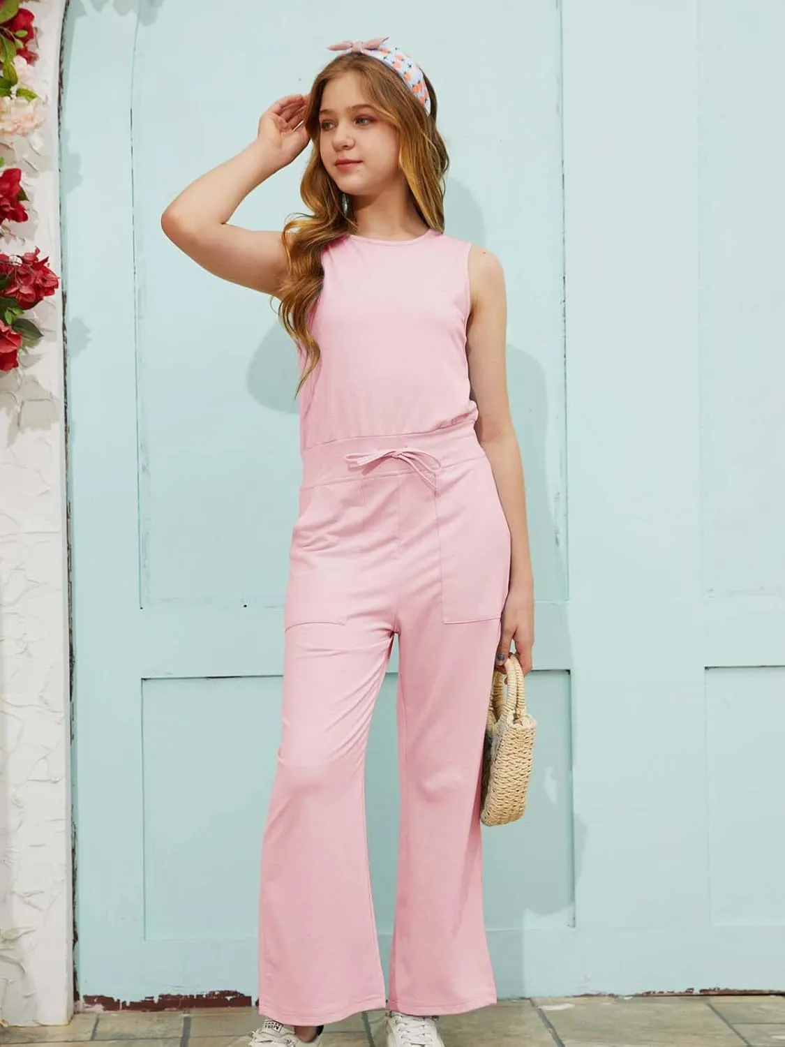 Girls Casual Jumpsuit Kids Fashion Sleeveless Elastic Waist Wide Leg Pants Rompers One Piece Outfits