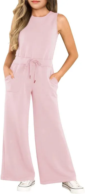 Girls Casual Jumpsuit Kids Fashion Sleeveless Elastic Waist Wide Leg Pants Rompers One Piece Outfits