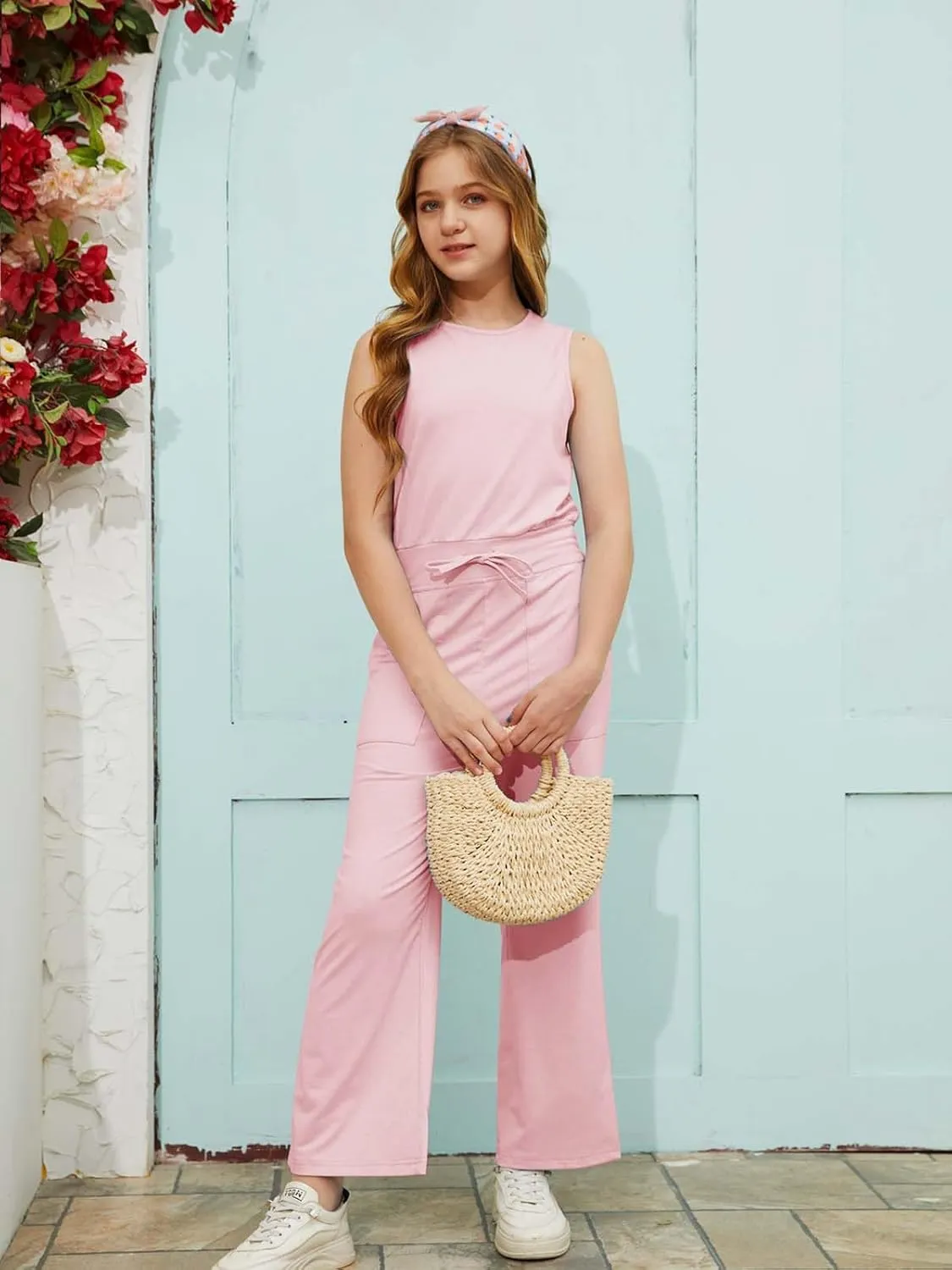 Girls Casual Jumpsuit Kids Fashion Sleeveless Elastic Waist Wide Leg Pants Rompers One Piece Outfits