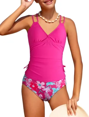 Girls Swimsuit 2 Piece Bikini Set Tropical Print Girls Bathing Suit Adjustable Straps 7-16T