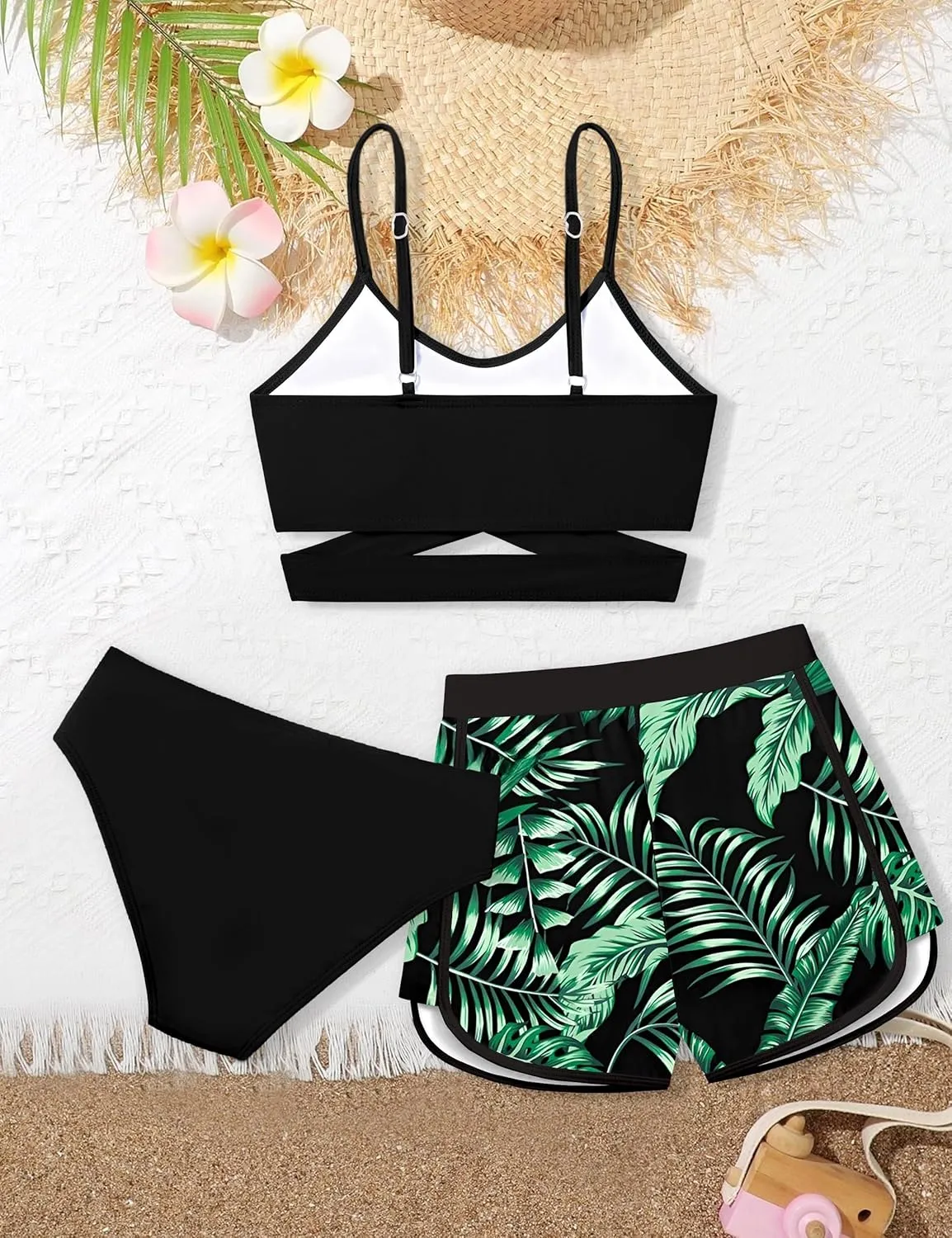 Girls Swimsuit 3 Piece Bathing Suit Criss Cross Bikini Set Girls' Swimwear with Shorts 7-16T
