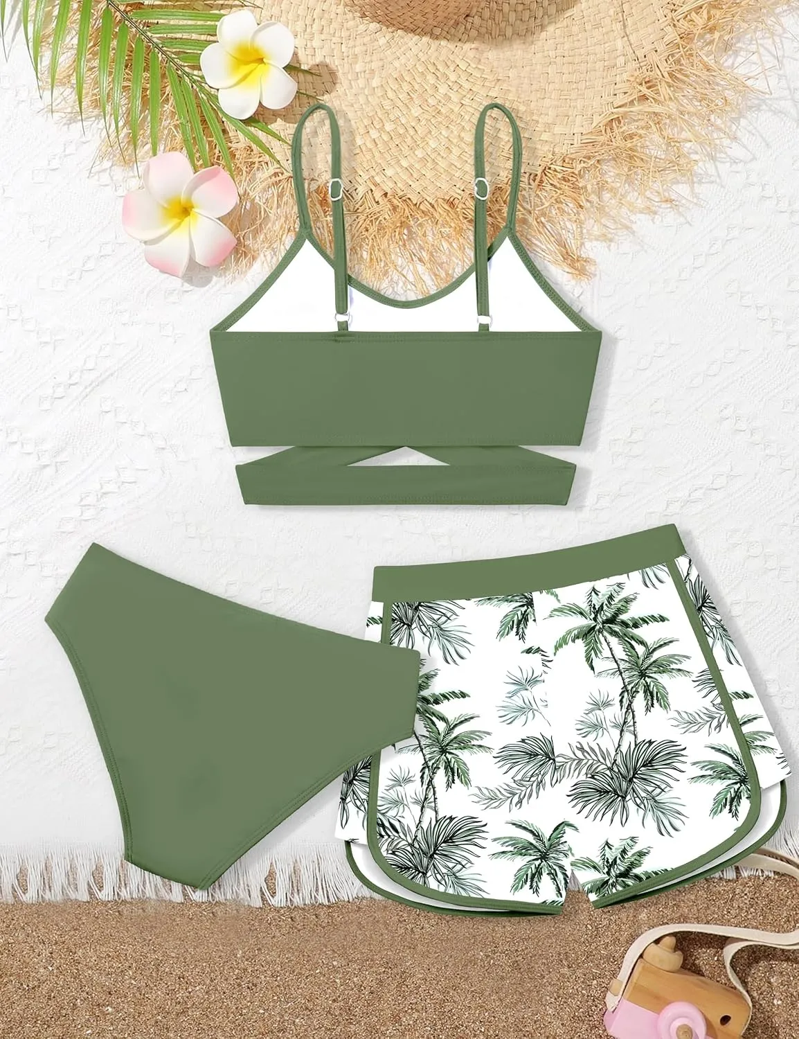 Girls Swimsuit 3 Piece Bathing Suit Criss Cross Bikini Set Girls' Swimwear with Shorts 7-16T