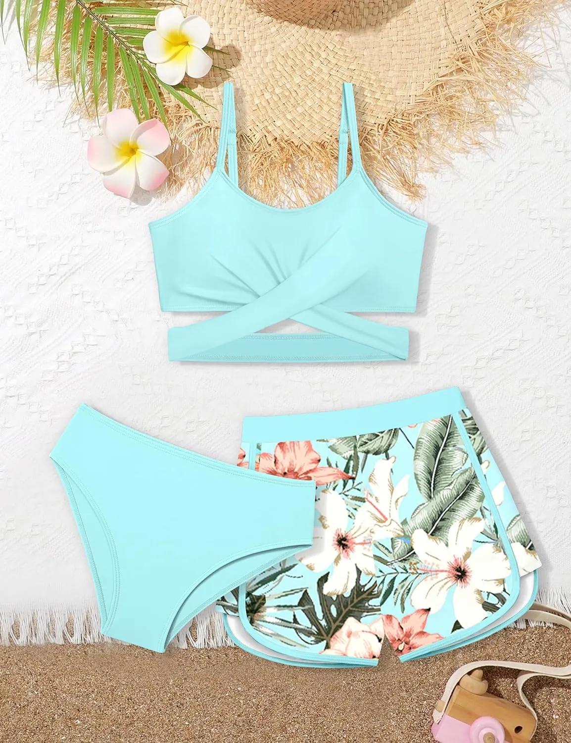 Girls Swimsuit 3 Piece Bathing Suit Criss Cross Bikini Set Girls' Swimwear with Shorts 7-16T