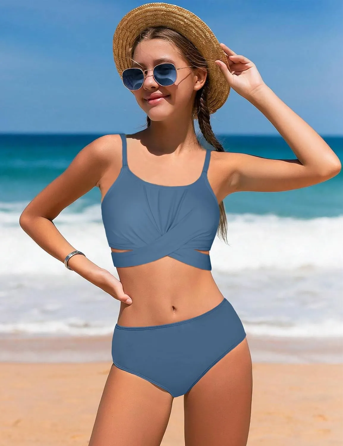Girls Swimsuit 3 Piece Bathing Suit Criss Cross Bikini Set Girls' Swimwear with Shorts 7-16T
