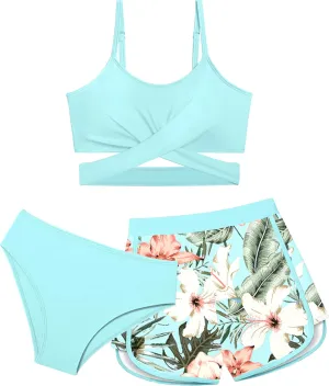 Girls Swimsuit 3 Piece Bathing Suit Criss Cross Bikini Set Girls' Swimwear with Shorts 7-16T