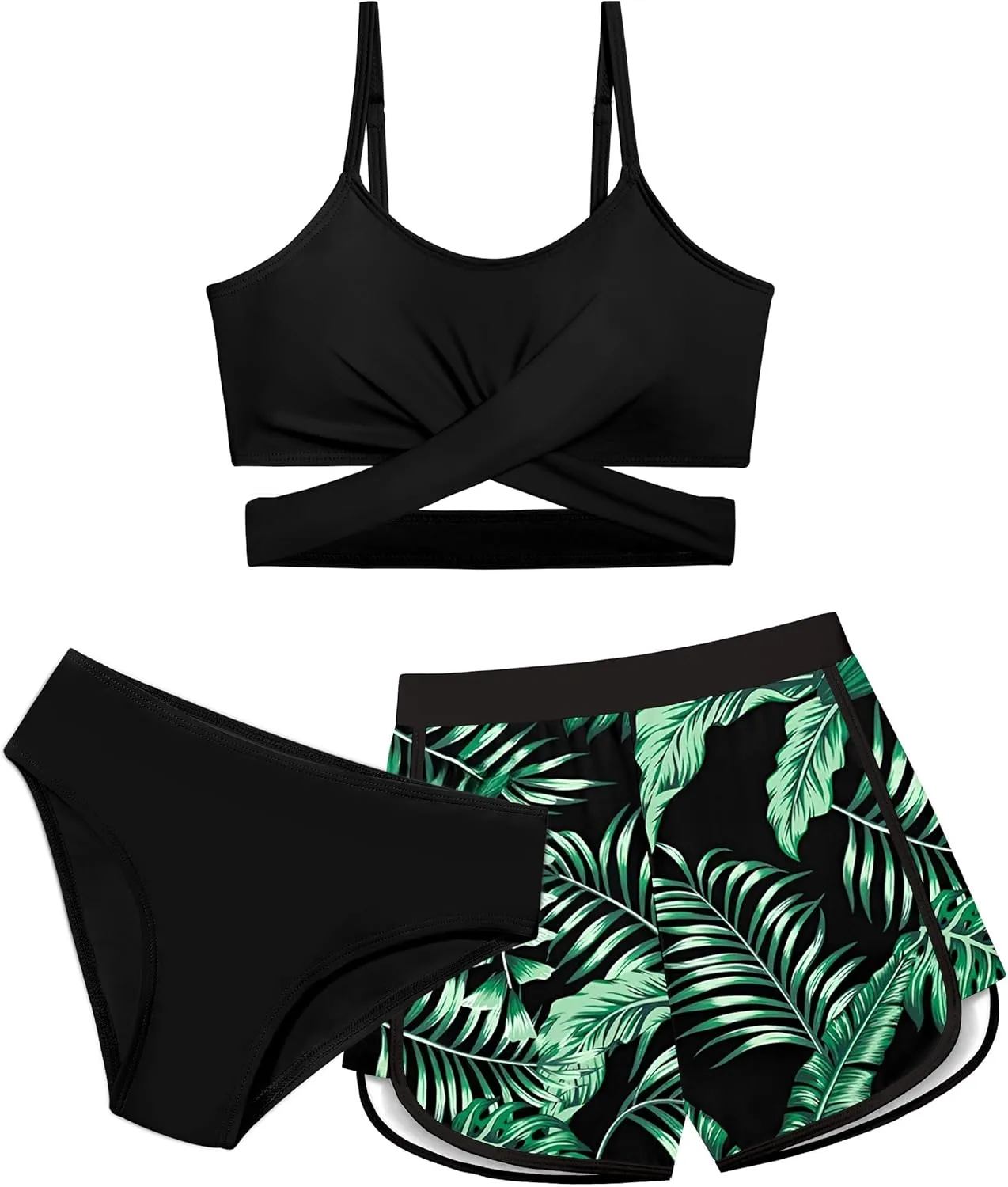 Girls Swimsuit 3 Piece Bathing Suit Criss Cross Bikini Set Girls' Swimwear with Shorts 7-16T