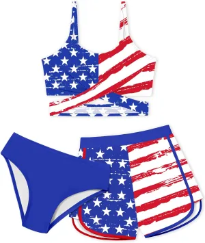 Girls Swimsuit 3 Piece Bathing Suit Criss Cross Bikini Set Girls' Swimwear with Shorts 7-16T