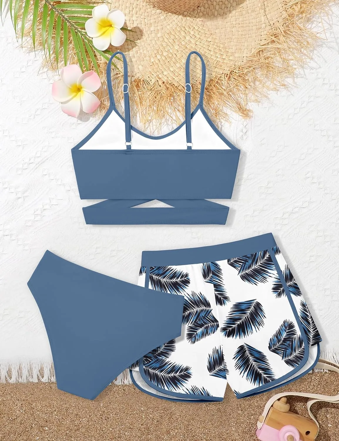 Girls Swimsuit 3 Piece Bathing Suit Criss Cross Bikini Set Girls' Swimwear with Shorts 7-16T