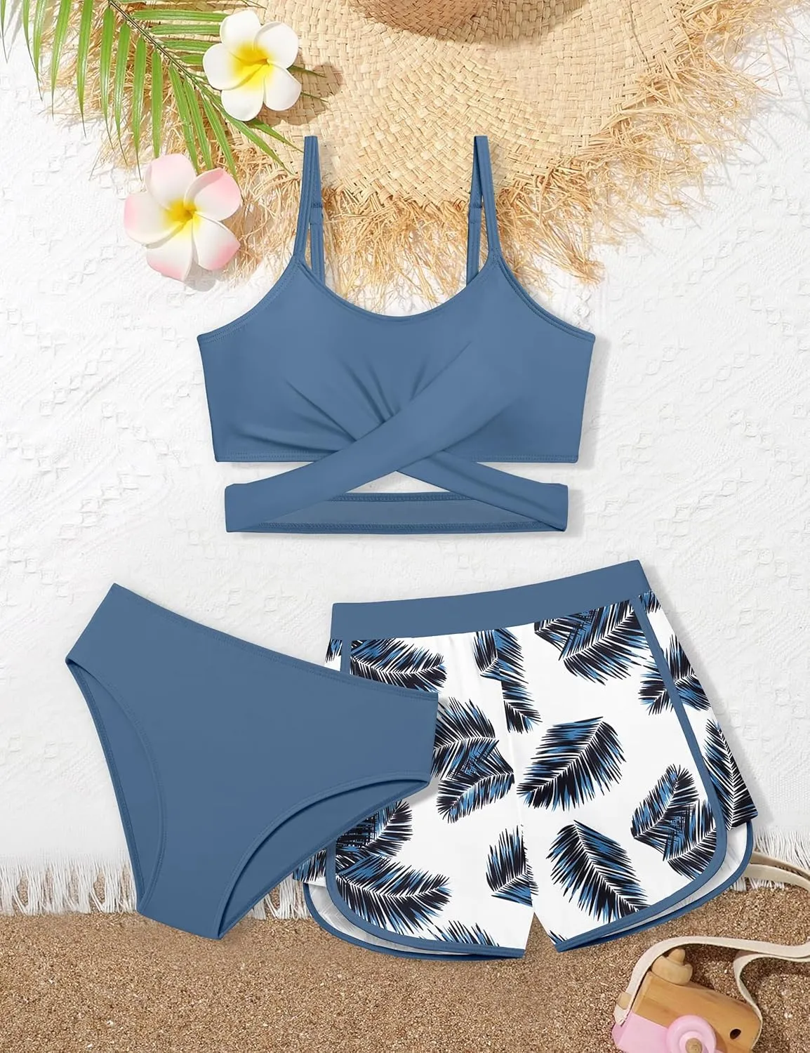 Girls Swimsuit 3 Piece Bathing Suit Criss Cross Bikini Set Girls' Swimwear with Shorts 7-16T