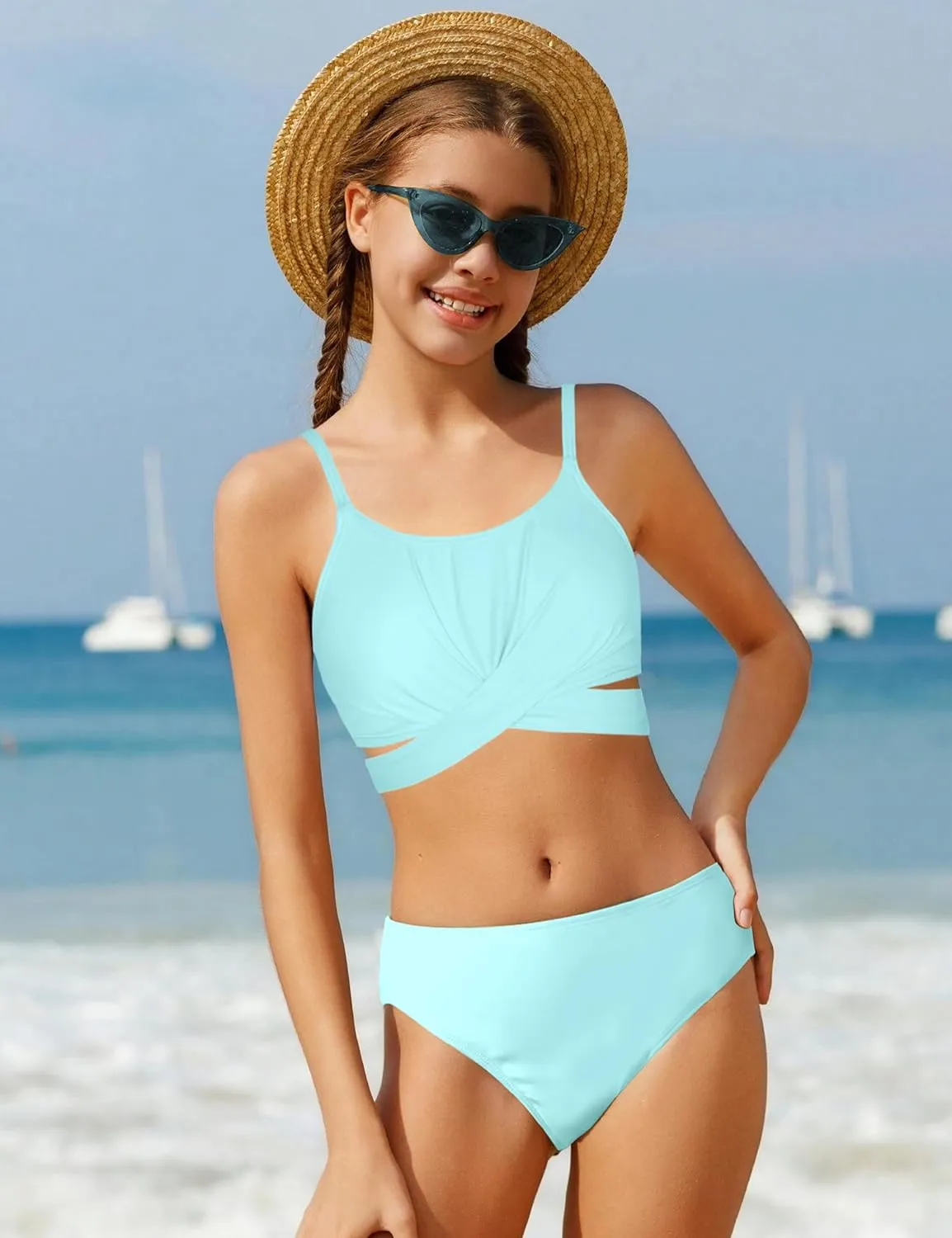 Girls Swimsuit 3 Piece Bathing Suit Criss Cross Bikini Set Girls' Swimwear with Shorts 7-16T