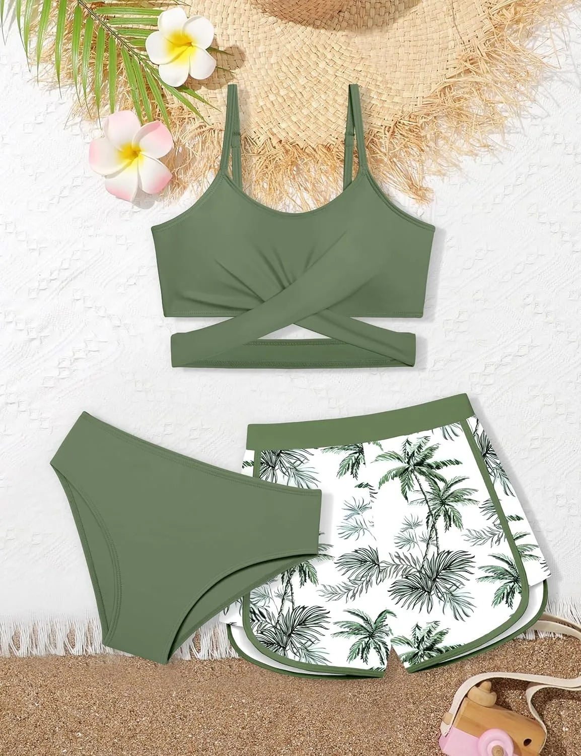 Girls Swimsuit 3 Piece Bathing Suit Criss Cross Bikini Set Girls' Swimwear with Shorts 7-16T