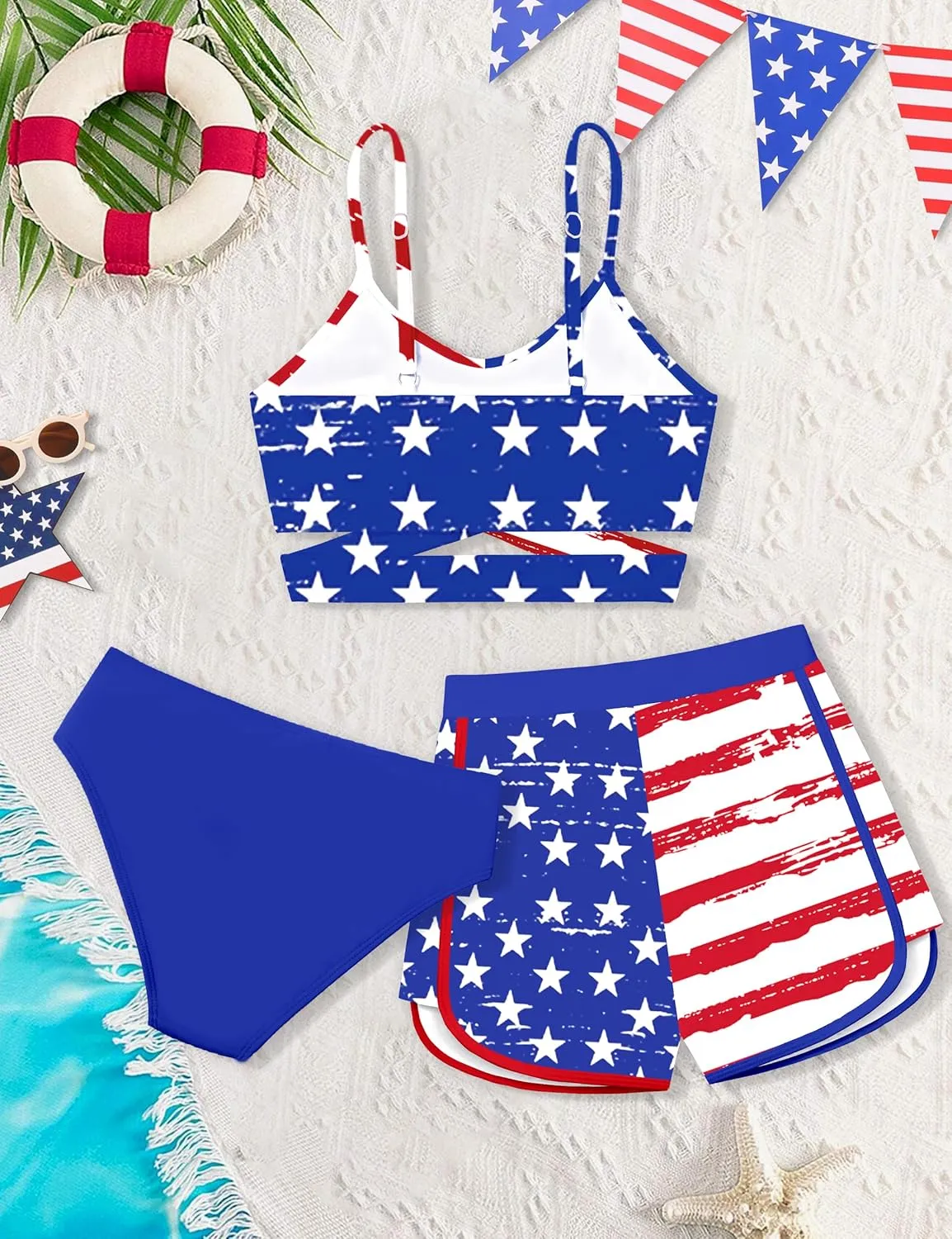 Girls Swimsuit 3 Piece Bathing Suit Criss Cross Bikini Set Girls' Swimwear with Shorts 7-16T