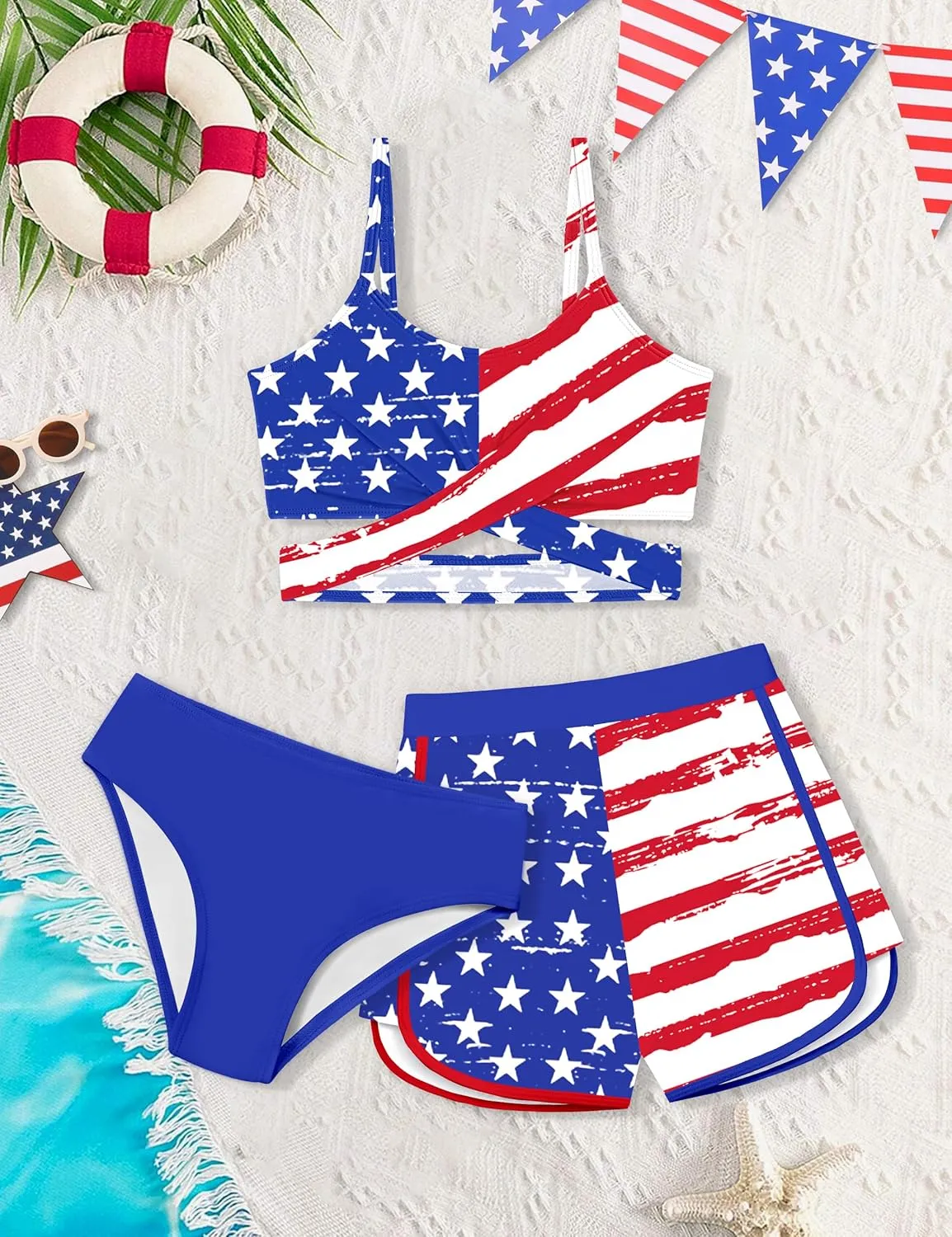 Girls Swimsuit 3 Piece Bathing Suit Criss Cross Bikini Set Girls' Swimwear with Shorts 7-16T