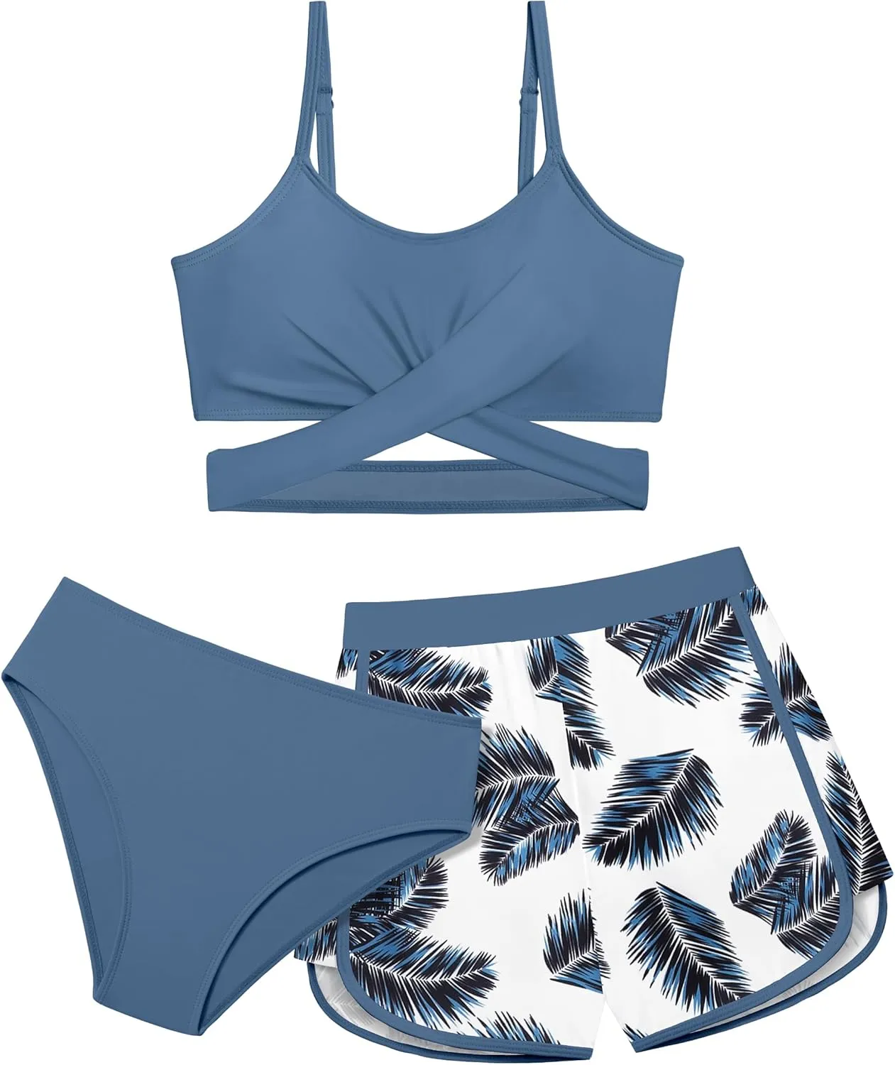 Girls Swimsuit 3 Piece Bathing Suit Criss Cross Bikini Set Girls' Swimwear with Shorts 7-16T