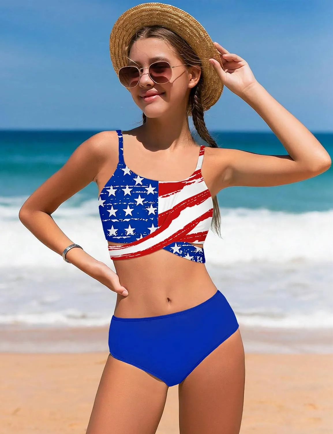 Girls Swimsuit 3 Piece Bathing Suit Criss Cross Bikini Set Girls' Swimwear with Shorts 7-16T
