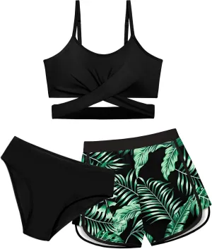 Girls Swimsuit 3 Piece Bathing Suit Criss Cross Bikini Set Girls' Swimwear with Shorts 7-16T
