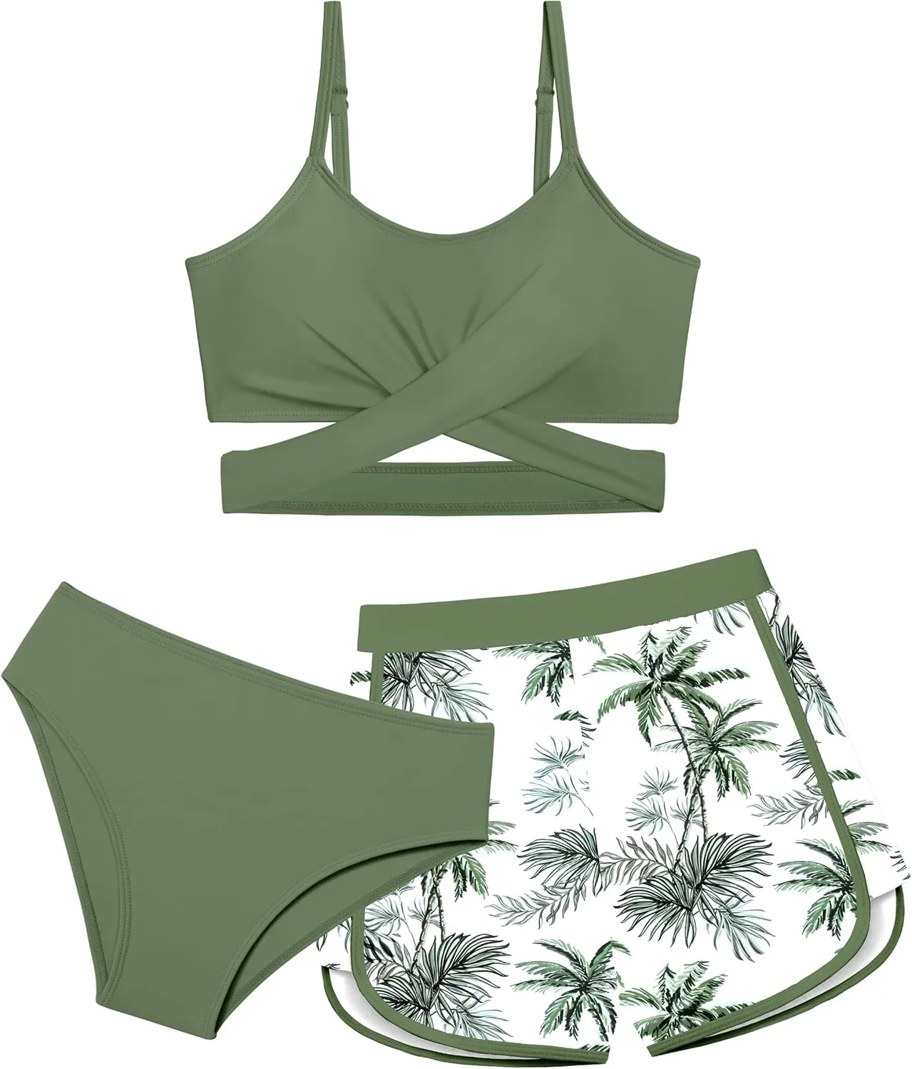 Girls Swimsuit 3 Piece Bathing Suit Criss Cross Bikini Set Girls' Swimwear with Shorts 7-16T