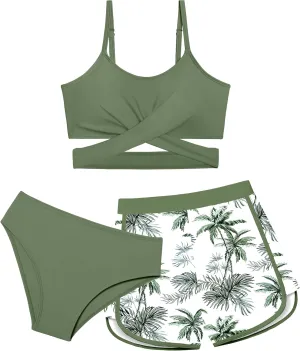 Girls Swimsuit 3 Piece Bathing Suit Criss Cross Bikini Set Girls' Swimwear with Shorts 7-16T