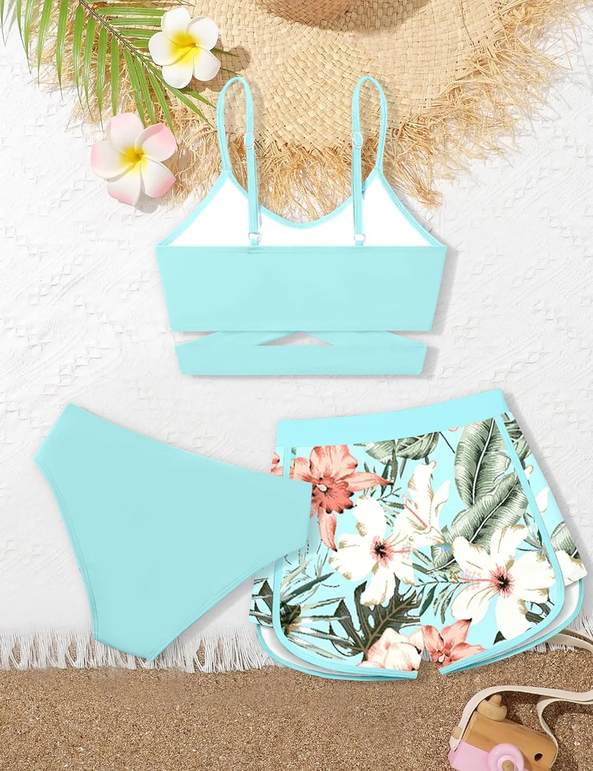Girls Swimsuit 3 Piece Bathing Suit Criss Cross Bikini Set Girls' Swimwear with Shorts 7-16T
