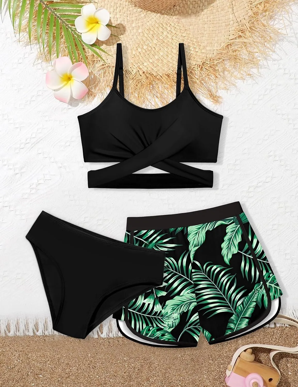 Girls Swimsuit 3 Piece Bathing Suit Criss Cross Bikini Set Girls' Swimwear with Shorts 7-16T