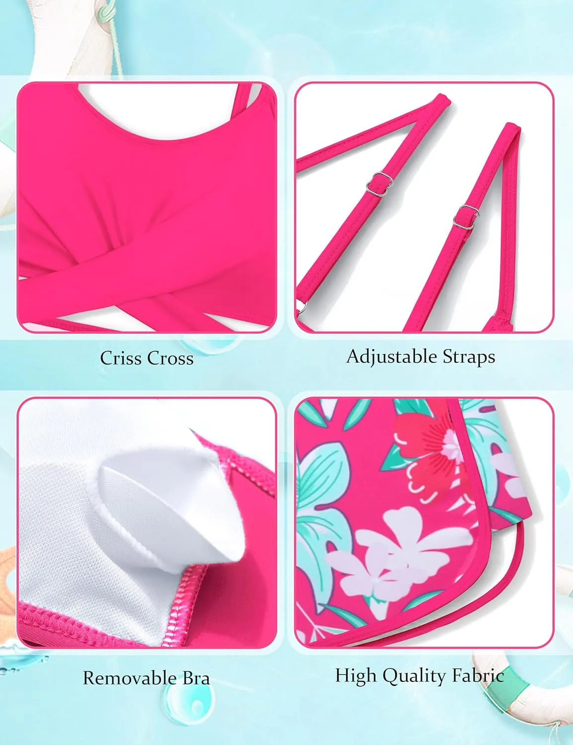 Girls Swimsuit 3 Piece Bathing Suit Criss Cross Bikini Set Girls' Swimwear with Shorts 7-16T