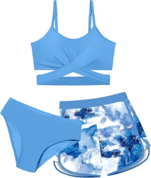 Girls Swimsuit 3 Piece Bathing Suit Criss Cross Bikini Set Girls' Swimwear with Shorts 7-16T