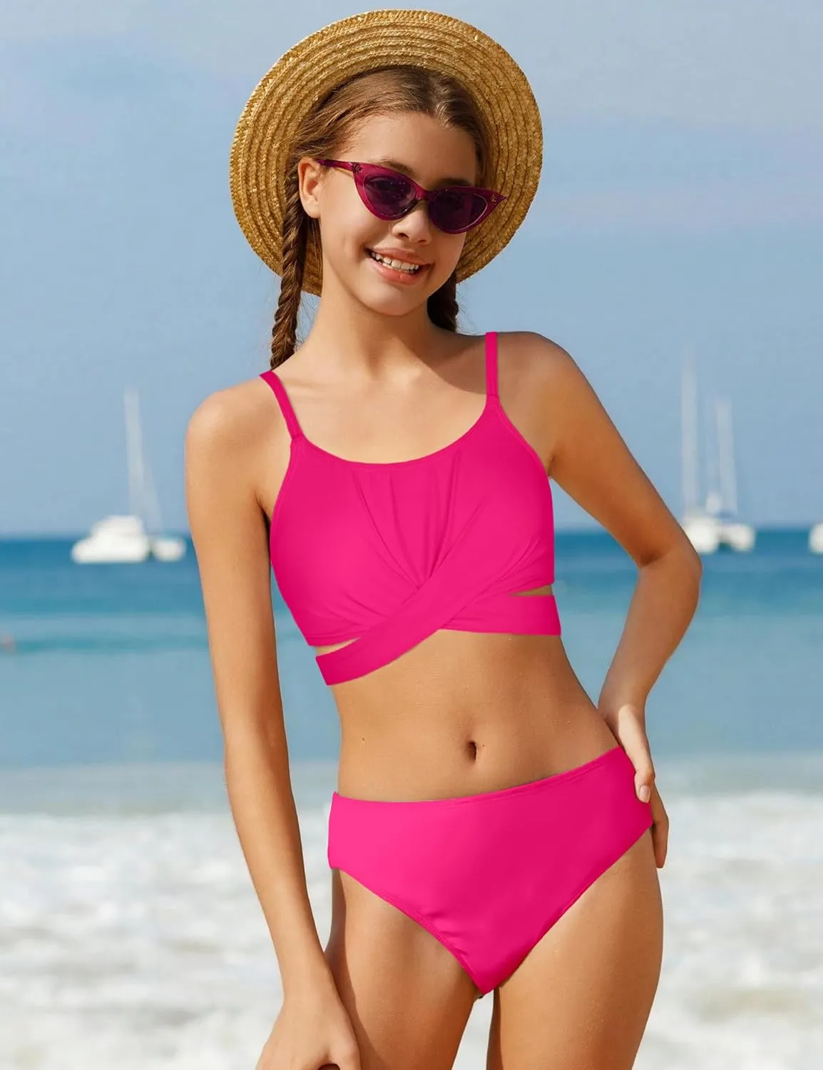 Girls Swimsuit 3 Piece Bathing Suit Criss Cross Bikini Set Girls' Swimwear with Shorts 7-16T