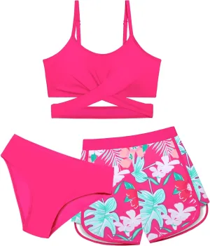 Girls Swimsuit 3 Piece Bathing Suit Criss Cross Bikini Set Girls' Swimwear with Shorts 7-16T