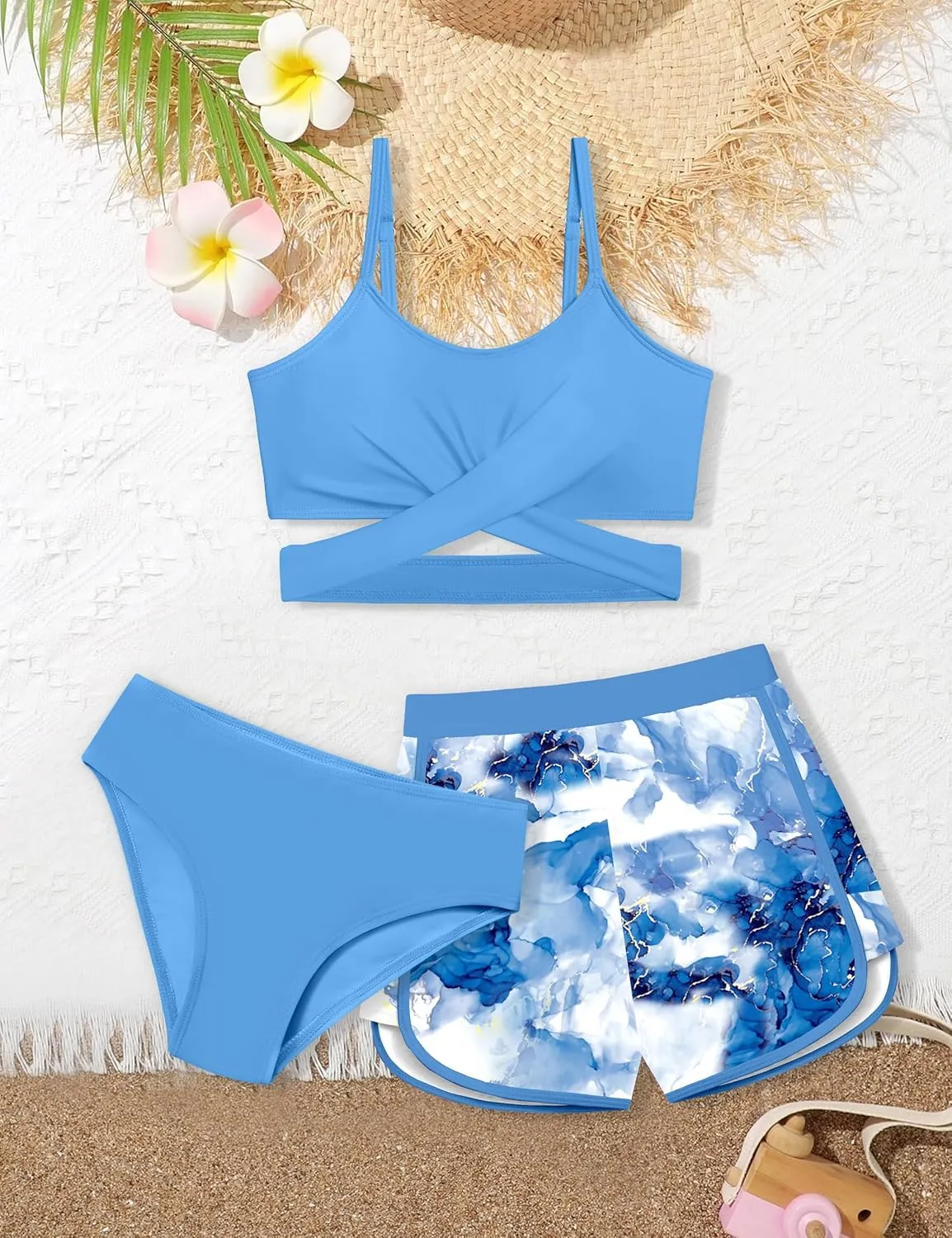 Girls Swimsuit 3 Piece Bathing Suit Criss Cross Bikini Set Girls' Swimwear with Shorts 7-16T