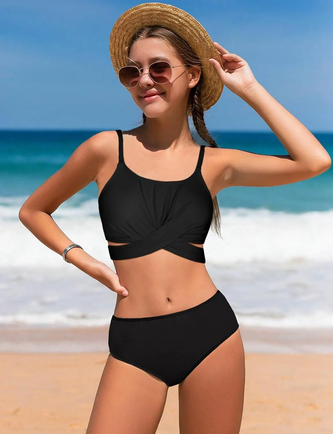Girls Swimsuit 3 Piece Bathing Suit Criss Cross Bikini Set Girls' Swimwear with Shorts 7-16T