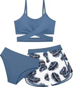 Girls Swimsuit 3 Piece Bathing Suit Criss Cross Bikini Set Girls' Swimwear with Shorts 7-16T